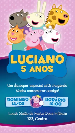 Convite de Aniversário Peppa Pig e Amigos Modelo Editável