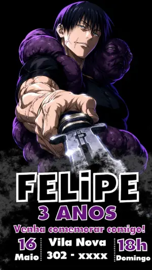 Convite de Aniversário Jujutsu Kaisen Editável com Toji Fushiguro