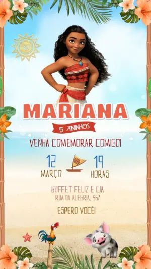 Convite de Aniversário Moana Tropical para Editar e Enviar