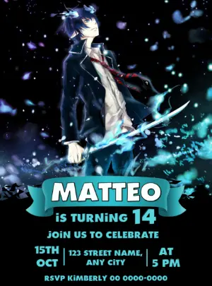 Editable Anime Birthday Invitation with Blue Flame Hero