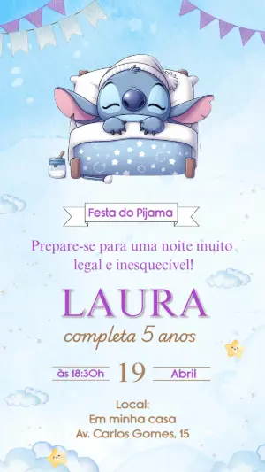 Convite Aniversário Festa do Pijama Stitch para Editar Online