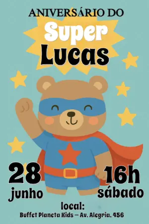 Convite de Aniversário Super Herói Urso para Editar Online