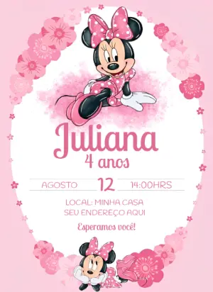 Convite Aniversário Minnie Mouse Rosa para Editar Online