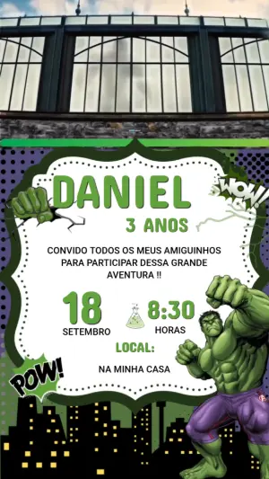 Convite Animado Aniversário Hulk para Editar e Enviar