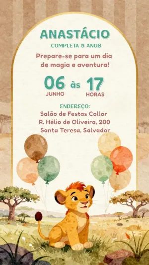 Convite Aniversário Infantil Leãozinho Aquarela Editável