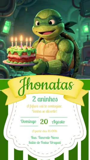 Convite de Aniversário Tartaruga Ninja Fofo Editável