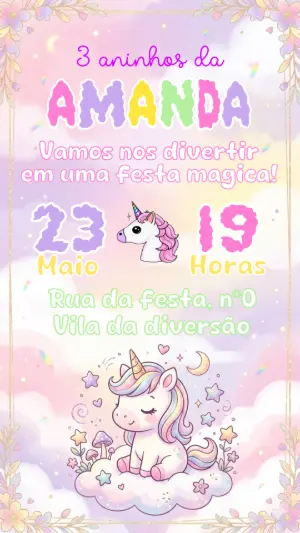 Convite de Aniversário Unicórnio Fofo em Tons Pastéis Editável