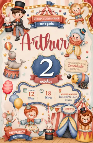 Convite de Aniversário Circo Aquarela para Menino Editável