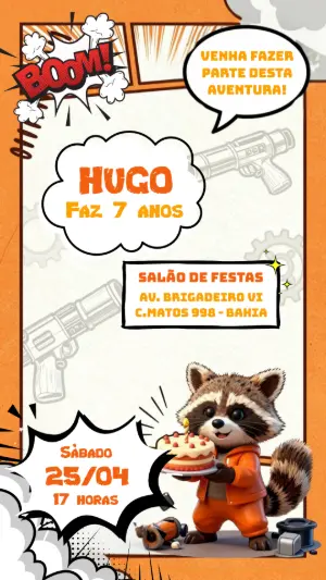 Convite de Aniversário Guaxinim Guardiões da Galáxia Quadrinhos Editável