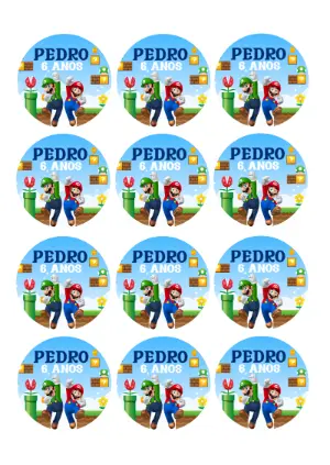 Adesivo Redondo Aniversário Mario e Luigi para Editar