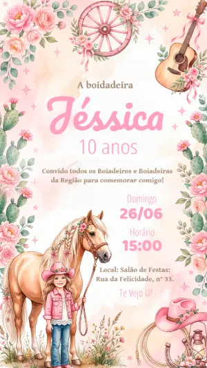 Convite de Aniversário Boiadeira Infantil Rosa Editável