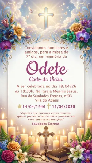 Convite de Missa de 7º Dia Floral e Religioso Editável