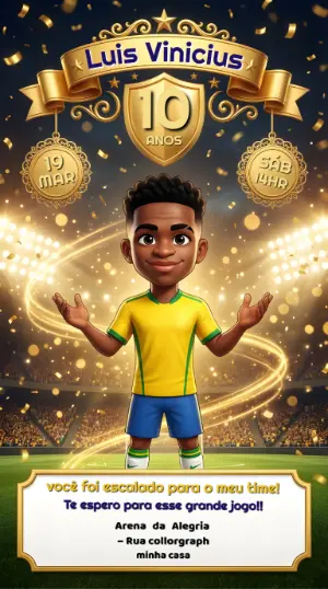 Convite Animado Aniversário Futebol Brasil Dourado para Editar