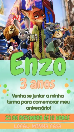 Convite Digital Zootopia: Aniversário Infantil para Editar