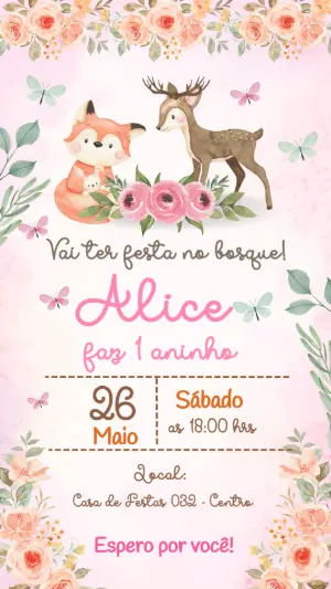 Convite de Aniversário Bosque Encantado Menina Editável