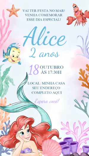 Convite de Aniversário Ariel Pequena Sereia Editável