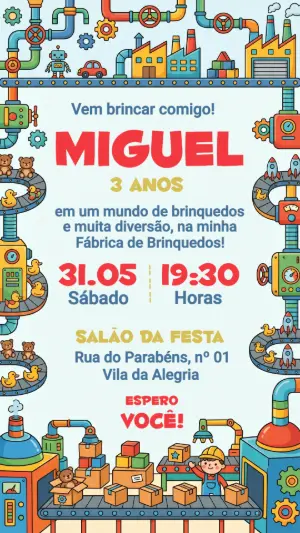 Convite de Aniversário Fábrica de Brinquedos Colorido Editável