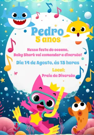 Convite de Aniversário Baby Shark com a Turma para Editar Online