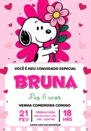 Convite Digital Snoopy Menina Tema Rosa Editável