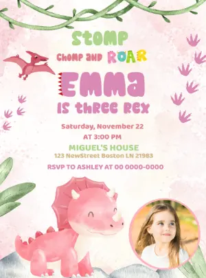 Cute Pink Dinosaur Birthday Invitation Editable Template with photo