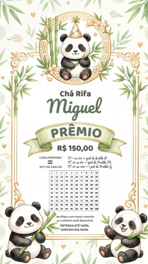 Chá Rifa Panda Fofo Editável para Chá de Bebê