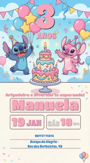 Invitación de cumpleaños Stitch – Estático – Convites Digitais Exclusivos