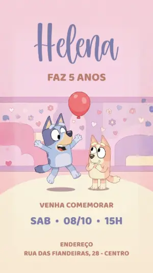 Convite de Aniversário Bluey e Bingo em Tons Pastéis Editável