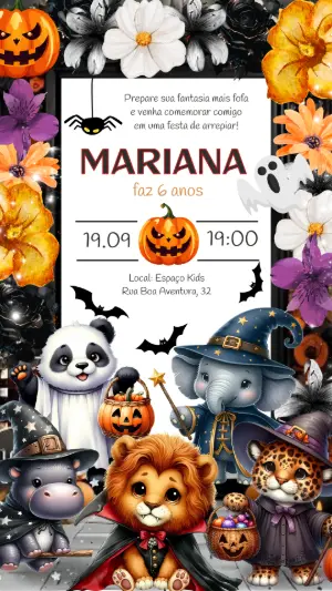 Convite de Aniversário Halloween Fofo com Bichinhos Editável