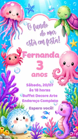 Convite de Aniversário Fundo do Mar Fofo para Editar Online