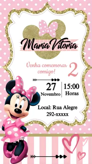 Convite de Aniversário Minnie Rosa e Dourado Editável