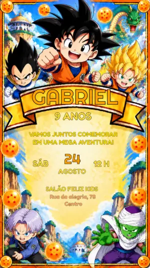 Convite de Aniversário Dragon Ball Z com Goku | Modelo Editável
