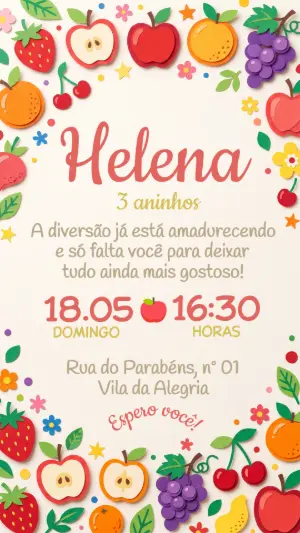 Convite de Aniversário Infantil Frutinhas Colorido Editável