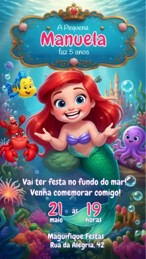 Convite Animado A Pequena Sereia: Vídeo de Aniversário Editável