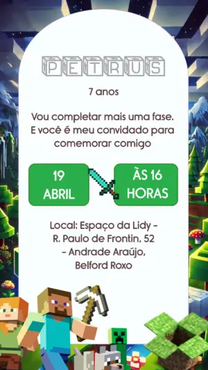 Convite de Aniversário Infantil Minecraft para Editar e Enviar