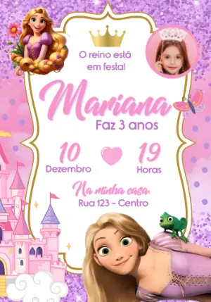 Convite de Aniversário Rapunzel com Foto Modelo Editável com foto