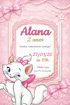 Convite Digital Aniversário Gata Marie Rosa para Editar