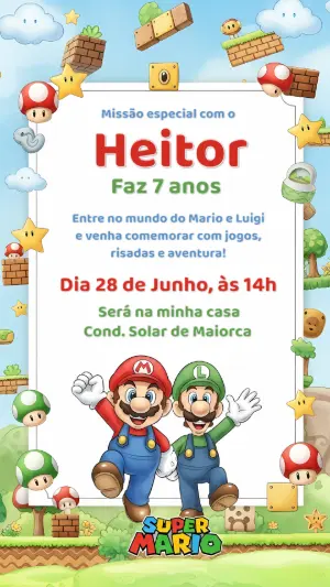 Convite Aniversário Super Mario Bros para Editar Online