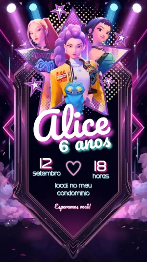 Convite de Aniversário Guerreiras do K-Pop Neon