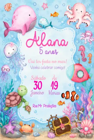 Convite de Aniversário Fundo do Mar Aquarela Editável