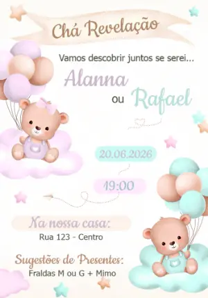 Convite Chá Revelação Ursinhos Baloeiros Lilás e Verde Editável