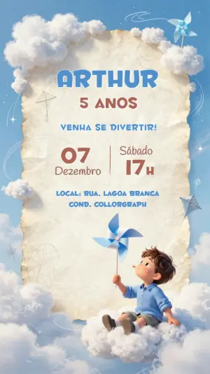 Convite de Aniversário Infantil Cata-Vento no Céu Editável