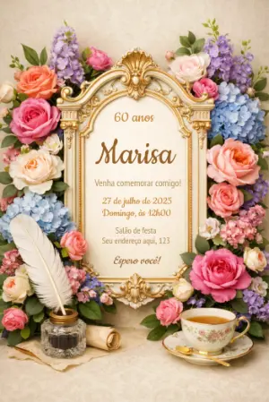 Convite Aniversário Adulto Floral Vintage Editável