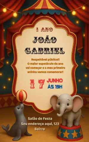 Convite de Aniversário Circo Fofo com Elefante para Editar