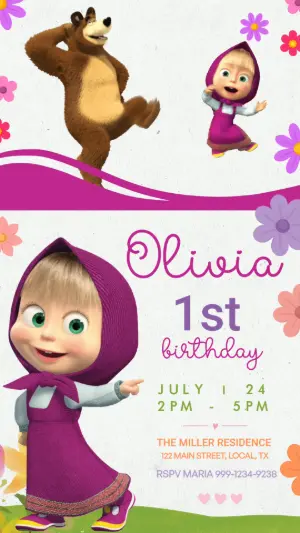 Animated Masha and the Bear Birthday Video Invitation Template