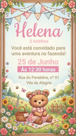 Modelo de Convite Infantil Ursinha na Fazenda Editável