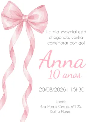 Convite de Aniversário Laço Rosa Aquarela Editável