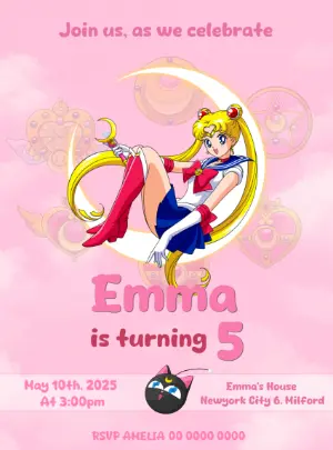 Sailor Moon Birthday Invitation | Pink Anime Editable Template