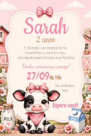 Convite de Aniversário Fazendinha Rosa com Vaquinha Editável