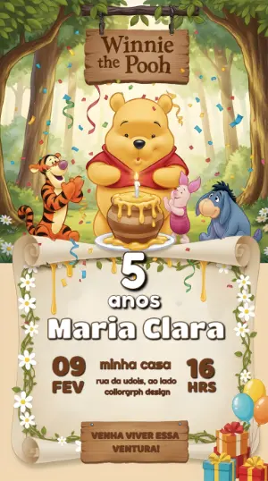 Convite de Aniversário Infantil Ursinho Pooh Editável