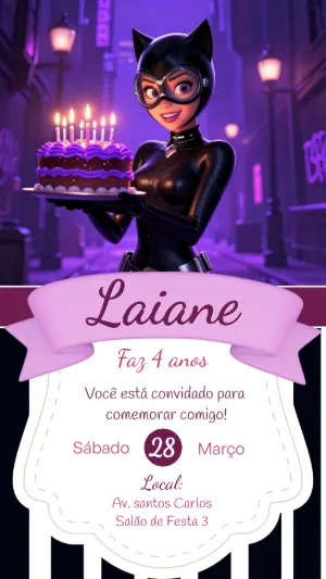 Convite de Aniversário Mulher-Gato Roxo para Editar